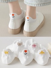 5 Pairs Women'S Japanese Kawaii Socks Embroidered Flowers/Bees/Crowns Thin No-Sh