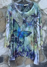 Jess & Jane Tunic Top Blouse Sz XL Colorful Sheer Rhinestone Butterfly Artsy 