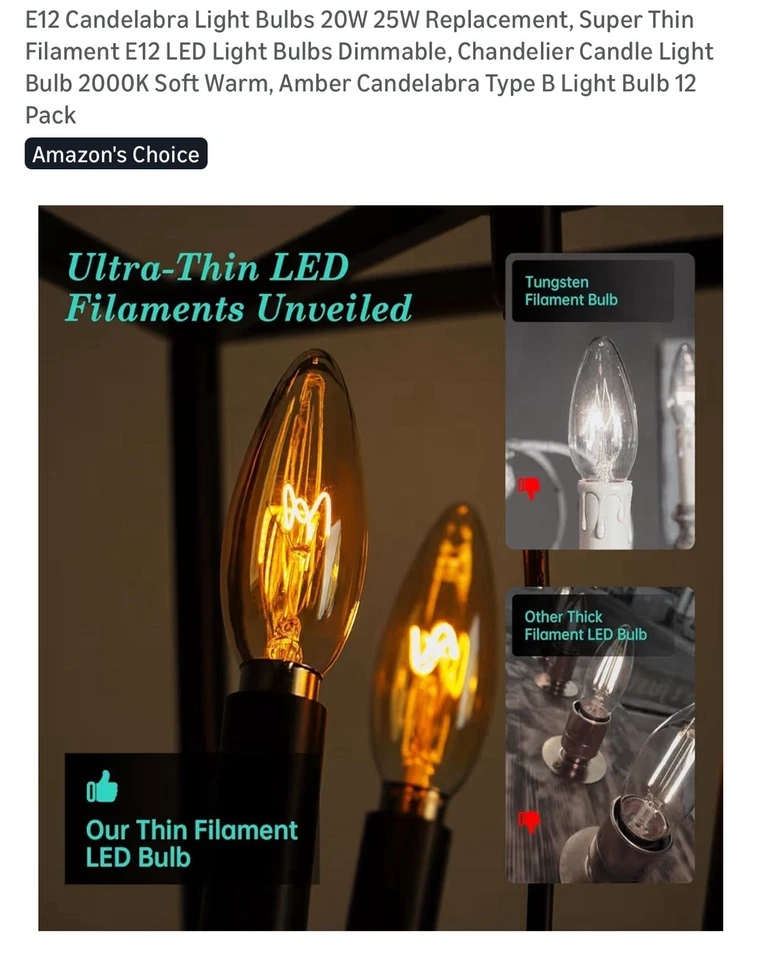 E12 LED Candelabra Filament Bulbs 20W‑25W Equivalent – 2000K Warm Amber 12 - Image 4 of 4