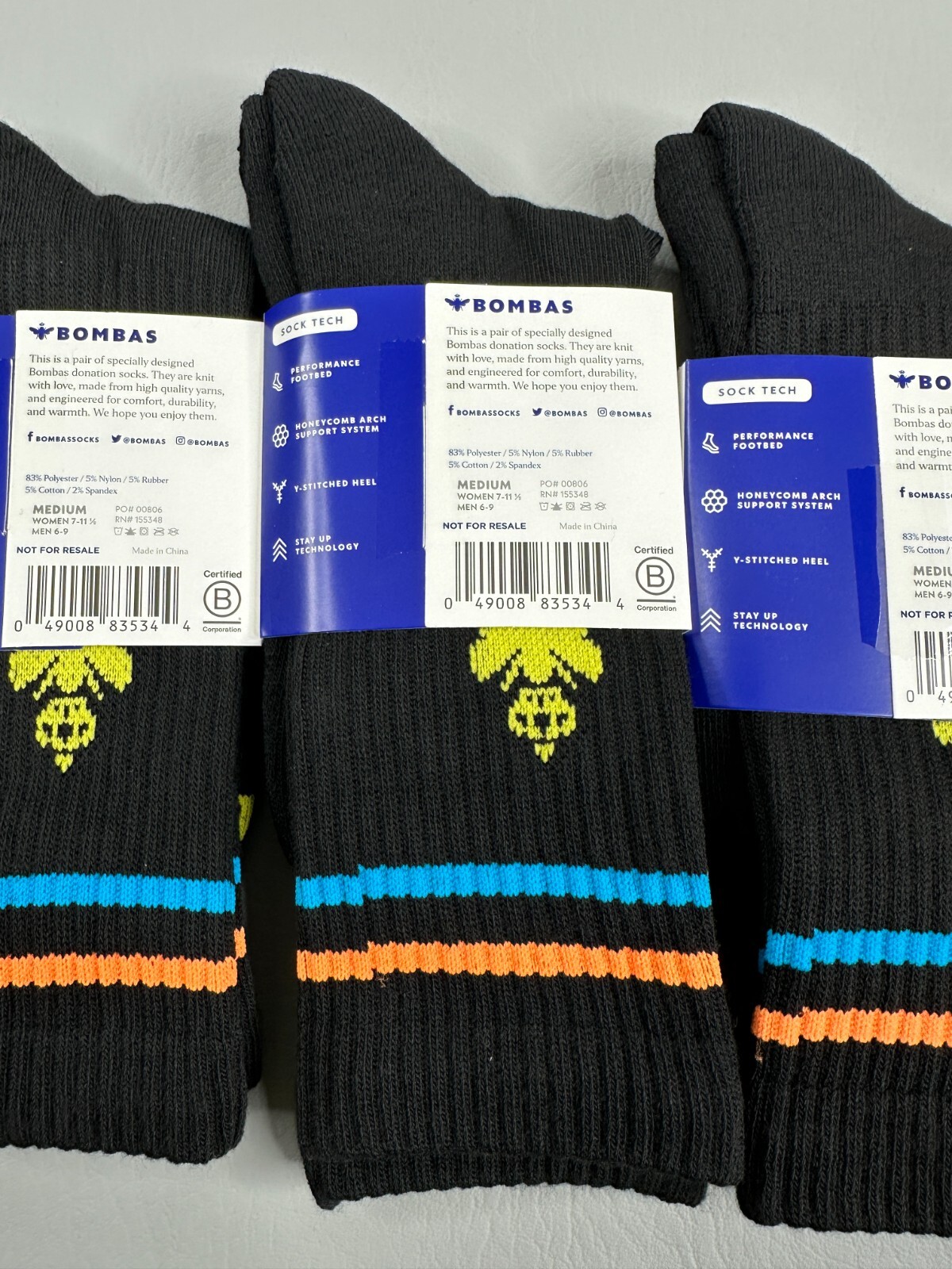 Bombas Men's Crew Socks Black Size Medium Lot Of 3 Pairs Size