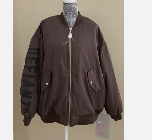 ASOS Bomber Jacket Brown Full Zip Coat Defiant Oversize Long Sleeve Women Sz 14