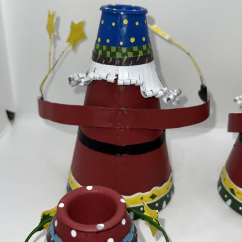 4 Vintage Christmas Cone-shaped Santa Metal Candle Holder Set Of 4 w/Stars - Picture 8 of 12