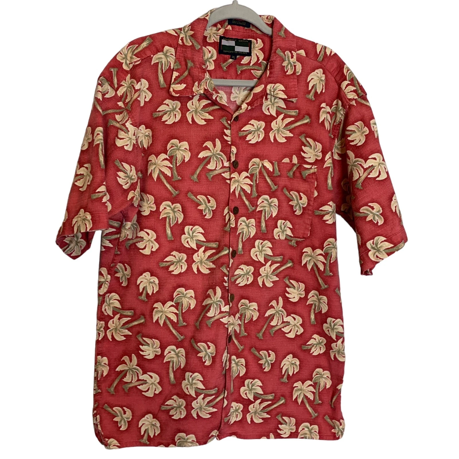 Urgent Gear Sportswear Shirt Mens XL Red Palm Tree Pattern Pocket Short Sleeve