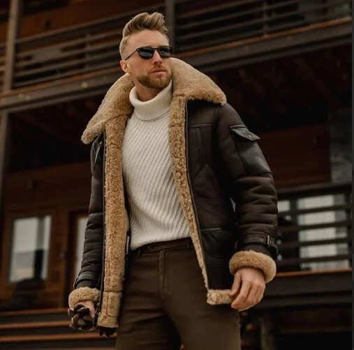 Mens RAF B3 Pilot Winter Fur Lapel Collar Shearling Sheep Leather Bomber Jacket
