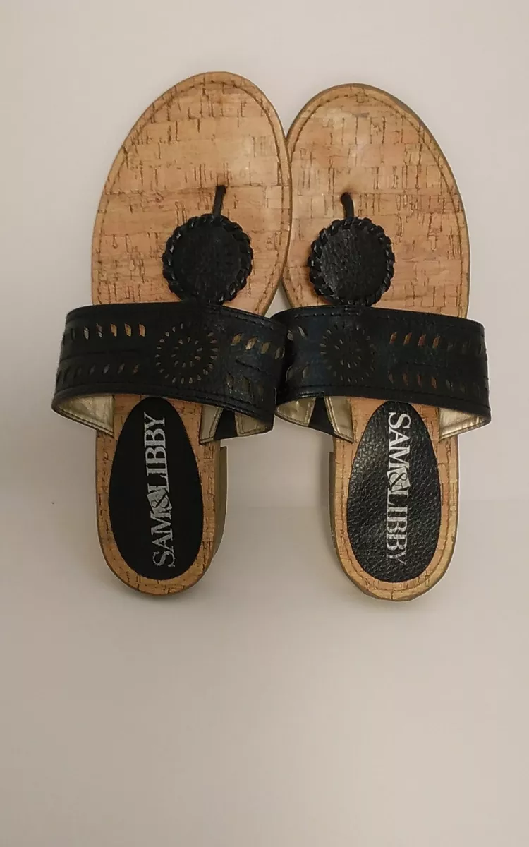 SAM LIBBY Black Floral Thong Medallion Faux Leather Sandal Flip Flops Size 7.5
