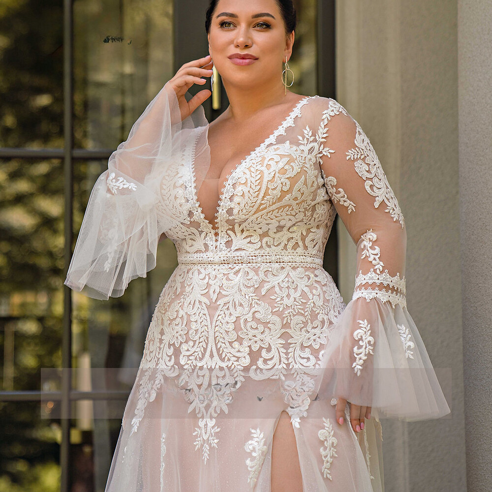 Plus Size Wedding Dresses V Neck Long Sleeves Illusion Bridal Gowns  Applique | eBay