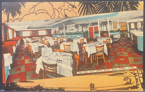 WEST HAVEN CT~RESTAURANTE THE SEA ISLE~SAVIN ROCK~TARJETA POSTAL DE LINO ESTILO ART DECO - Imagen 1 de 2