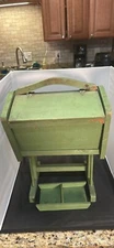 Vintage  Handcrafted Folk Art Wood child's flip top sewing box stand 16" T 1940