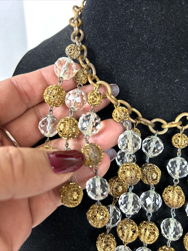 Antique RARE Faceted Crystal & Filigree Balls Brass Bib Necklace 14.5" Choker - Picture 7 of 13