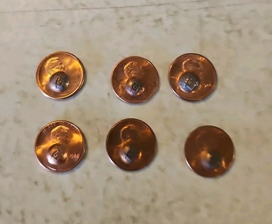 Lot Of 6 Masonic Freemason Compass And Square stamped Lincoln Pennies