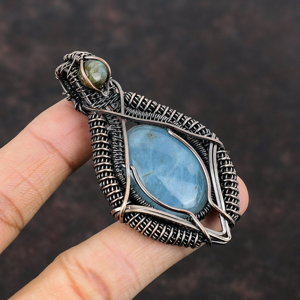 Aquamarine Gemstone Handmade Jewelry Copper Love Gift Wire Wrapped Pendant 