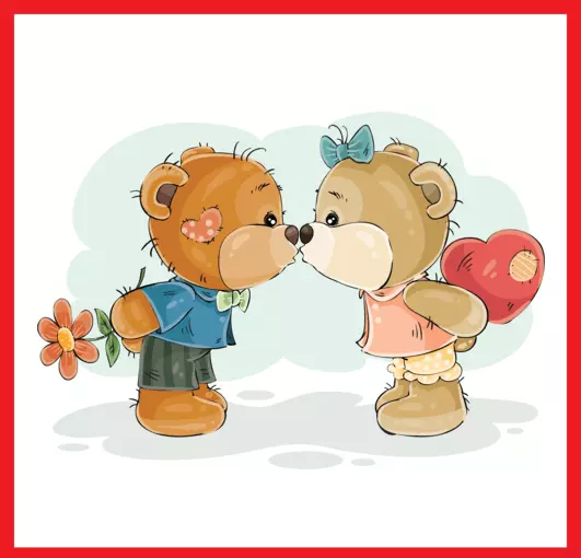 Teddy Bears In Love Kissing Pair Heart Flower Best Friend Boy Girl