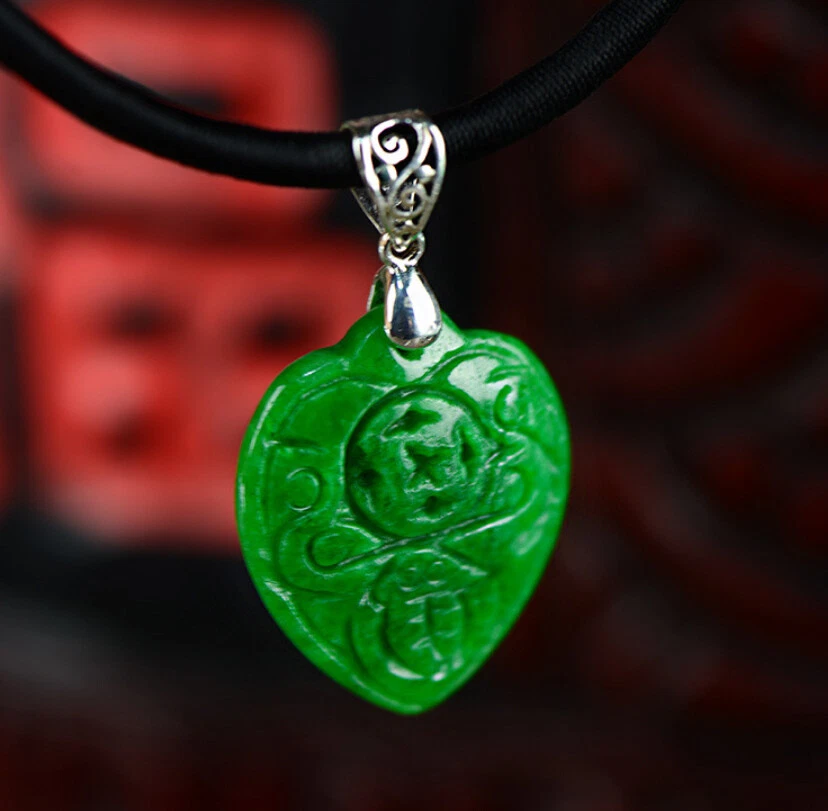 K09 Ciondolo A Cuore In Giada Verde Intagliato In Argento Sterling 925 - Immagine 2 di 4