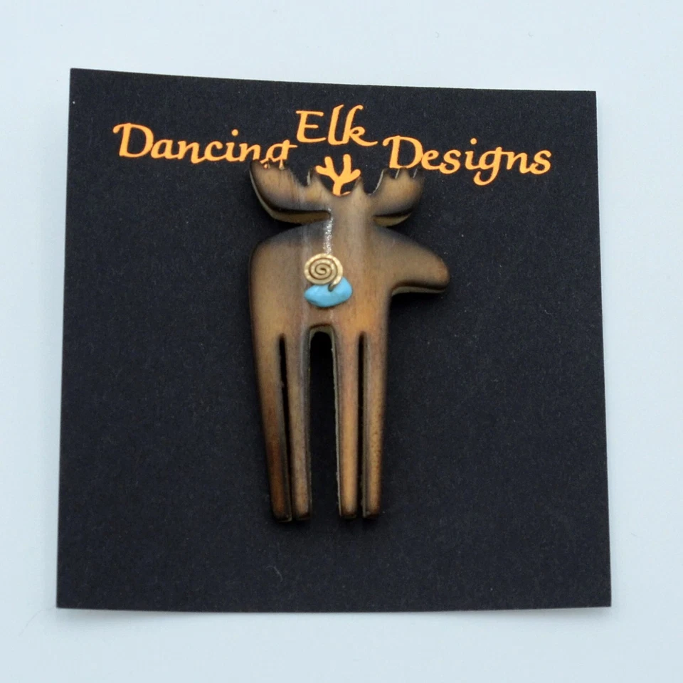 Elk Dancing Designs Moose Pin Elk Horn Turquoise Stone Circle Gold Fill Wire - Image 3 of 4