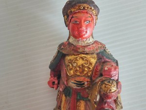 Antique Chinese Lacquered Carved Wood temple guardian Figure stands on Dragon