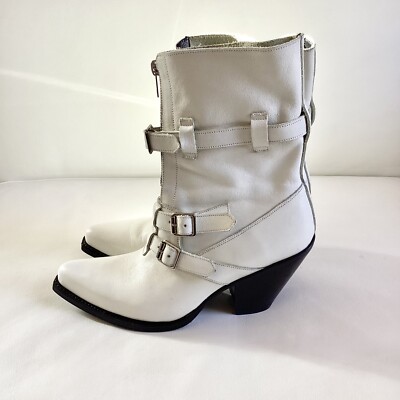 Celine White Leather Mid-Calf Moto Boots SZ 6/36