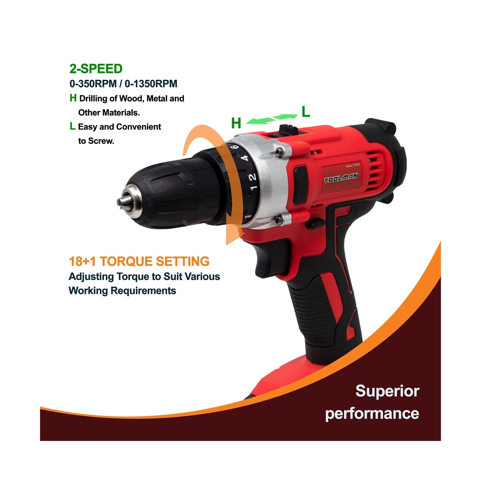 Toolman 3/8" Cordless Brushless Drill, Power Drill Driller Set, Lithium