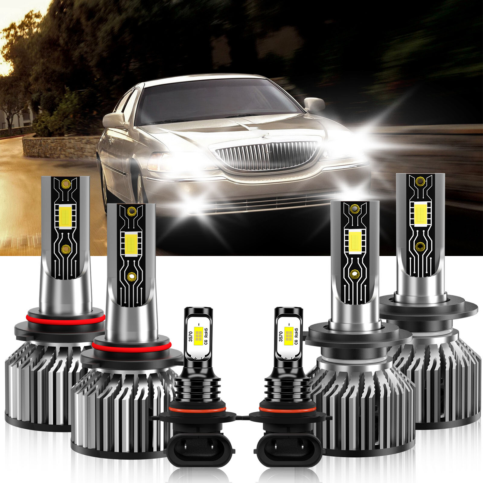 For Lincoln Town Car 2003-2011 9005+H7+9145 LED Headlight+Fog Light Bulbs Combo