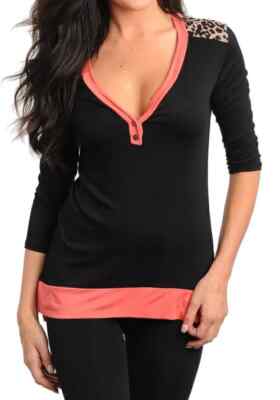 Black Contrast Mesh Leopard Back Vee Neck 3/4 Sleeve Blouse Top