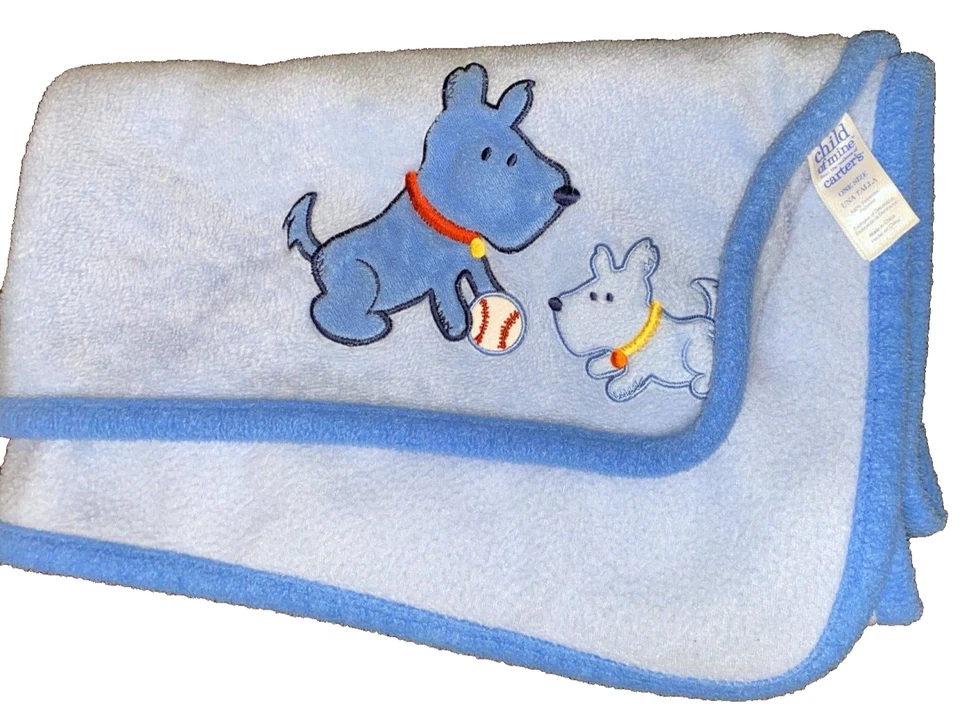7B !WOW! LN Vintage CARTER'S Puppy Dog Baseball Blue Plush Fleece Crib Blanket - Image 2 of 4