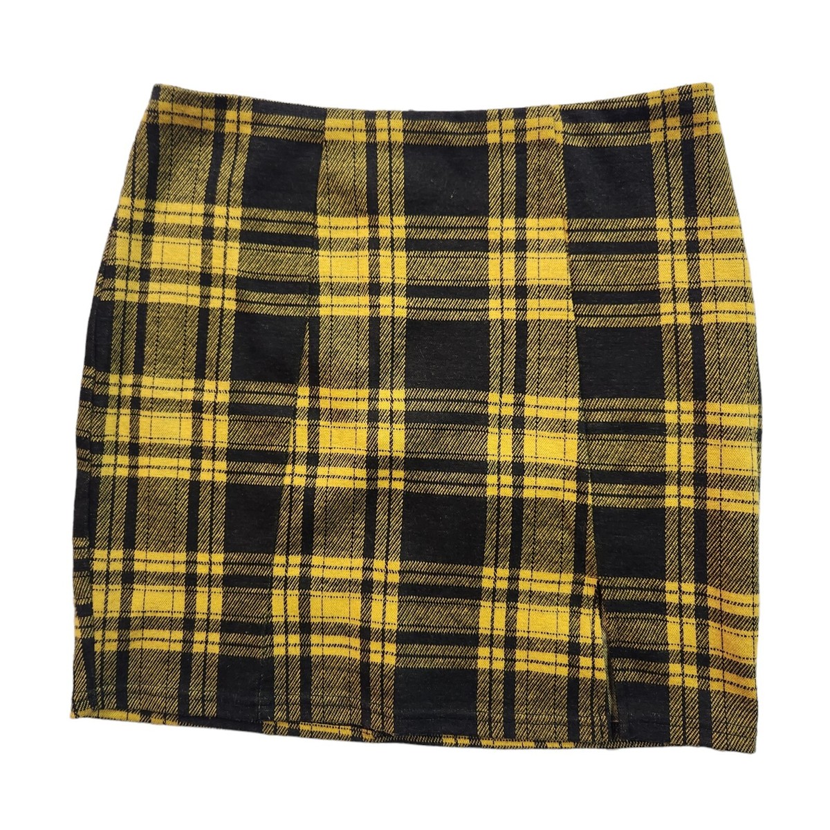 Rue 21 Mini Skirt Size Small Yellow Black Plaid Stretch Slit Soft
