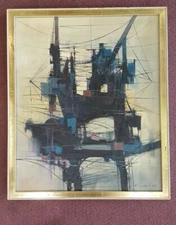 Rudolf Pusak Oil On Canvas Abstract Painting Oil Platform In Ocean Framed
