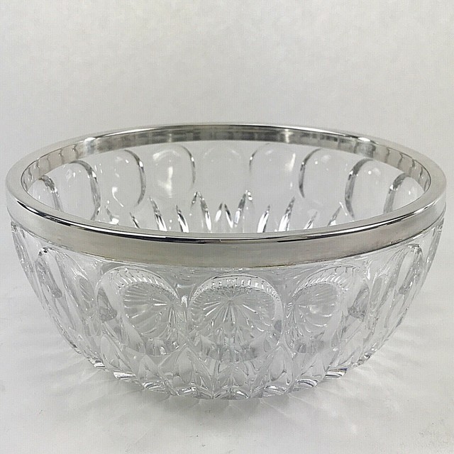 GORHAM CRYSTAL BOWL Vintage Full Lead Hand Cut Glass Silver Tone Rim