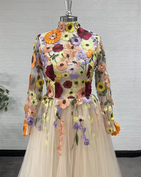 Exquisite Wedding Dresses High Neck Long Sleeves A-Line Wedding Gowns 3D FLowers - Image 2 of 4