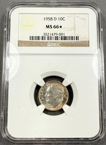 1958-D Roosevelt Dime 10c - NGC MS66* Star - Rainbow Toned Reverse