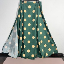 Vintage 50s 60  s Green Long Skirt XL Yellow Polka Dot MidCen Side Slit As Is 
