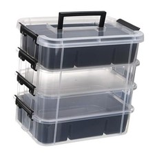 4-Layer Plastic Craft Storage Container with 2 Removable Tray, Stackable Black