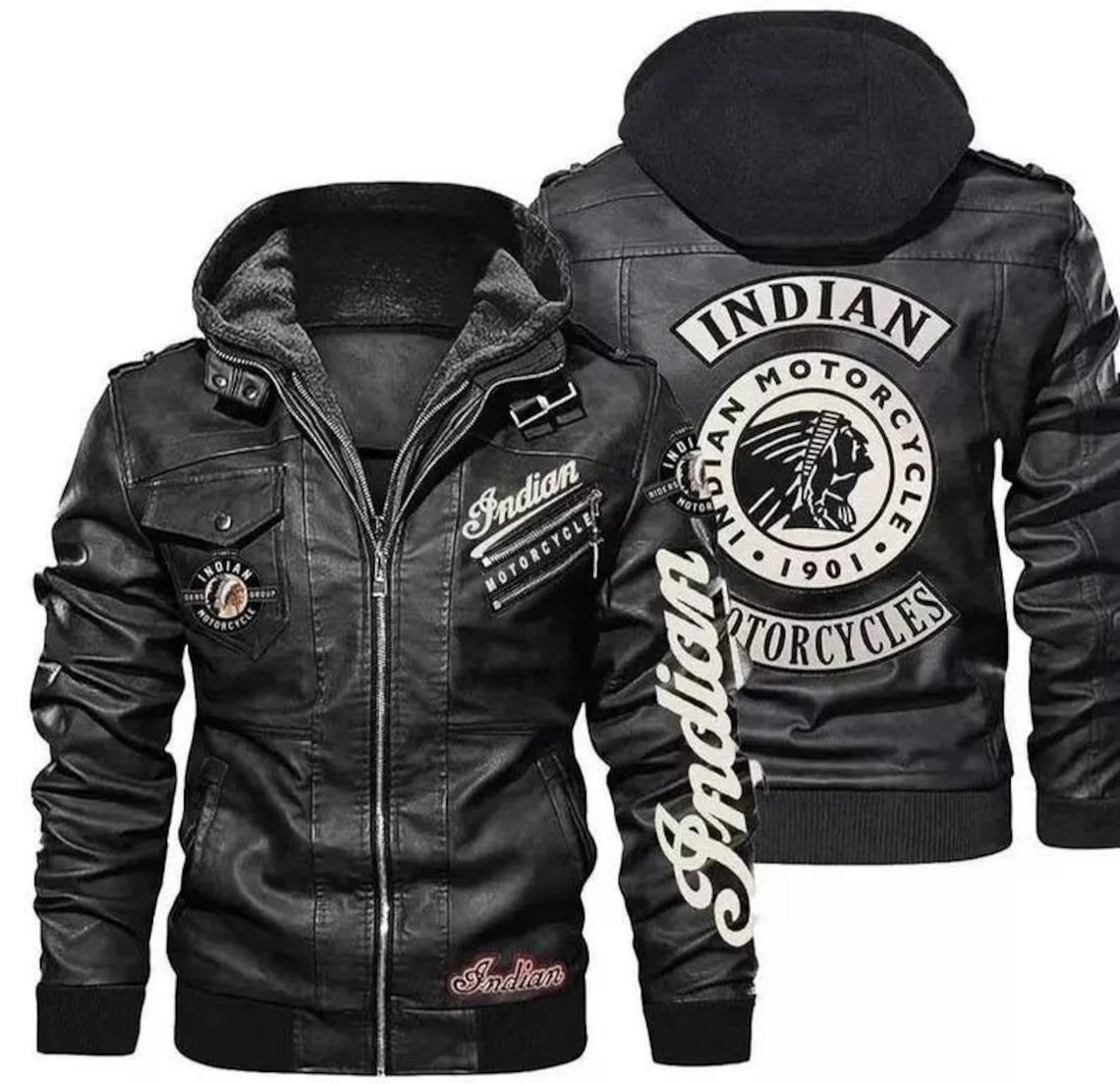 Chaqueta de motociclista con capucha de cuero de vaca genuino negro indio para hombre