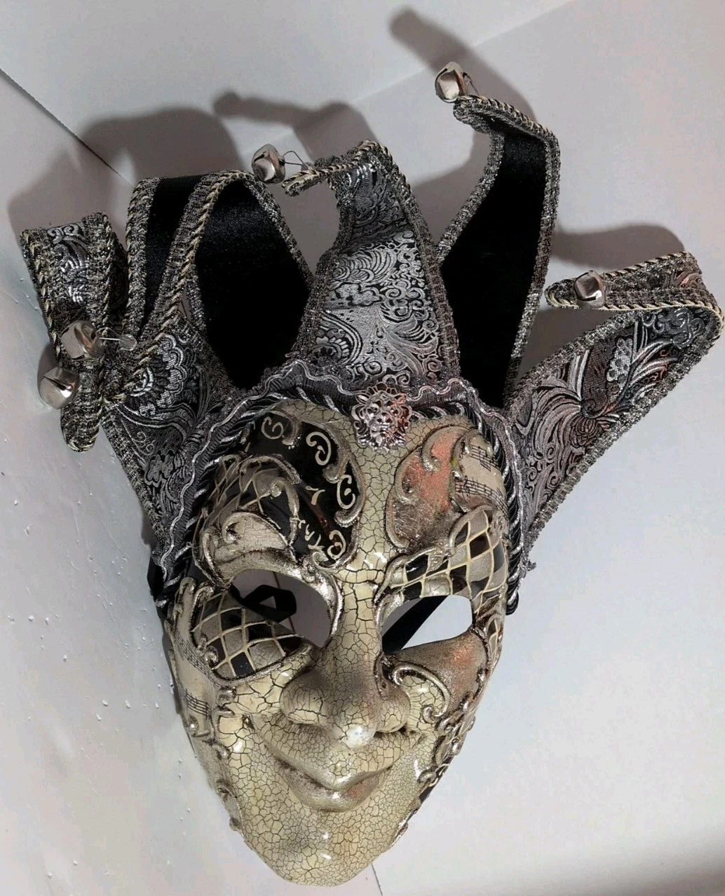 Venetian Jester Silver/Black/Gold Mask Wearable Or Wall Decor 14"T