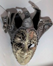 Venetian Jester Silver/Black/Gold Mask Wearable Or Wall Decor 14"T