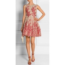 Alice + Olivia Red Floral Lace Fit Flare Cocktail Dress Deep Scoop 8 Silk Combo