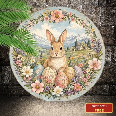 Charming Easter Bunny Floral Eggs Circular Vintage Plaque Wall Art Decor 8x8