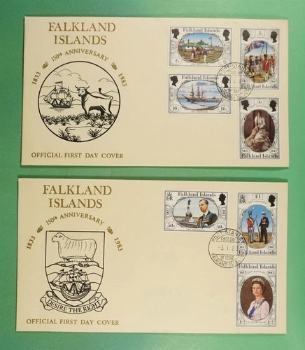 DR WHO 1983 FALKLAND ISLANDS 2 FDC 150TH ANIV CACHET COMBO L2 R31937