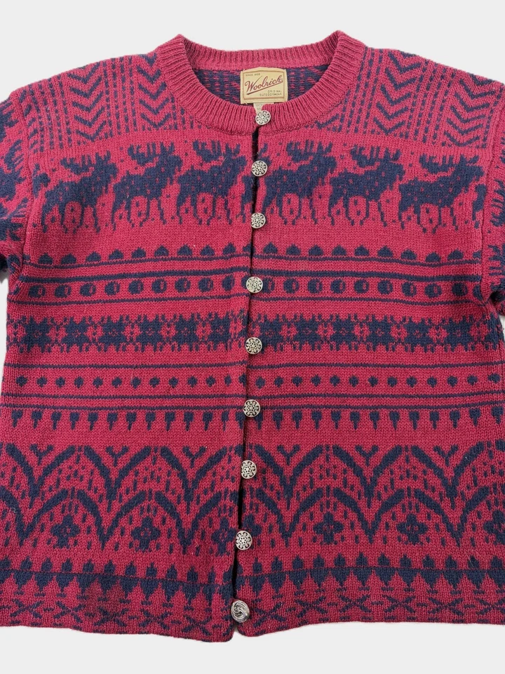Suéter Cárdigan Escandinavo Tejido Lana Reno Navidad Rojo Mujer WOOLRICH EE. UU. M Foto 2 de 4