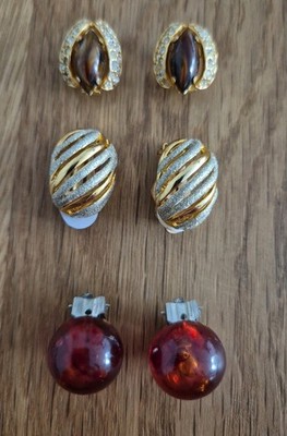 T12) Vintage Modeschmuck 80's 3 Paar Ohrclips golden Steine Glitzer