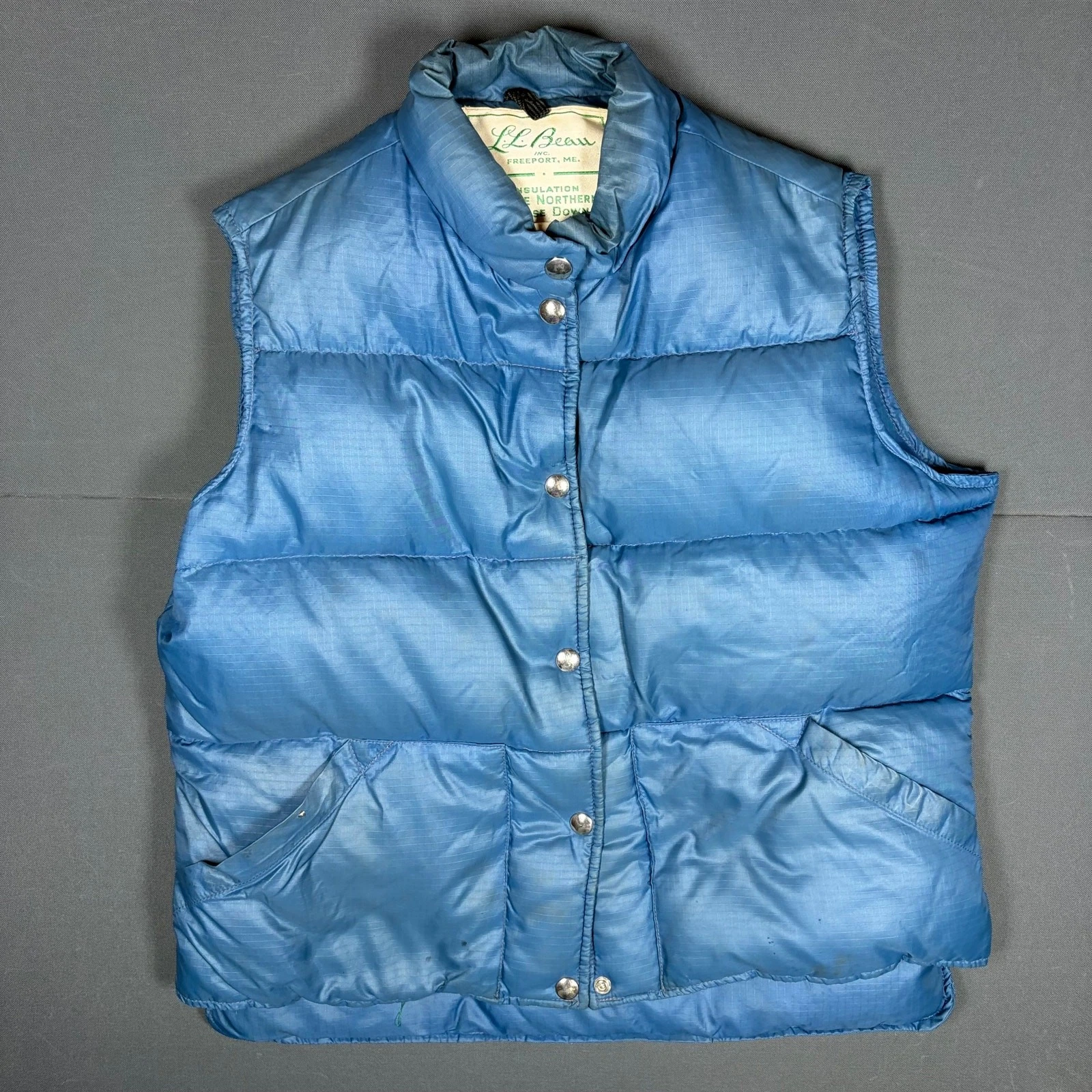 Vintage 70s 80s LL Bean Goose Down Puffer Vest Blue Ripstop Snap Button Medium
