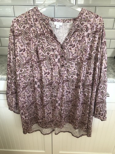 Pure Jill Pink Paisley Tunic Top 2X Plus 3 Button 3/4 SLV Boho Cottage Viscose - Picture 3 of 17
