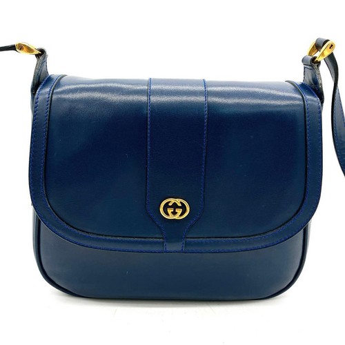 GUCCI Vintage Interlocking G Shoulder Bag Navy Leather Gold Hardware From Japan