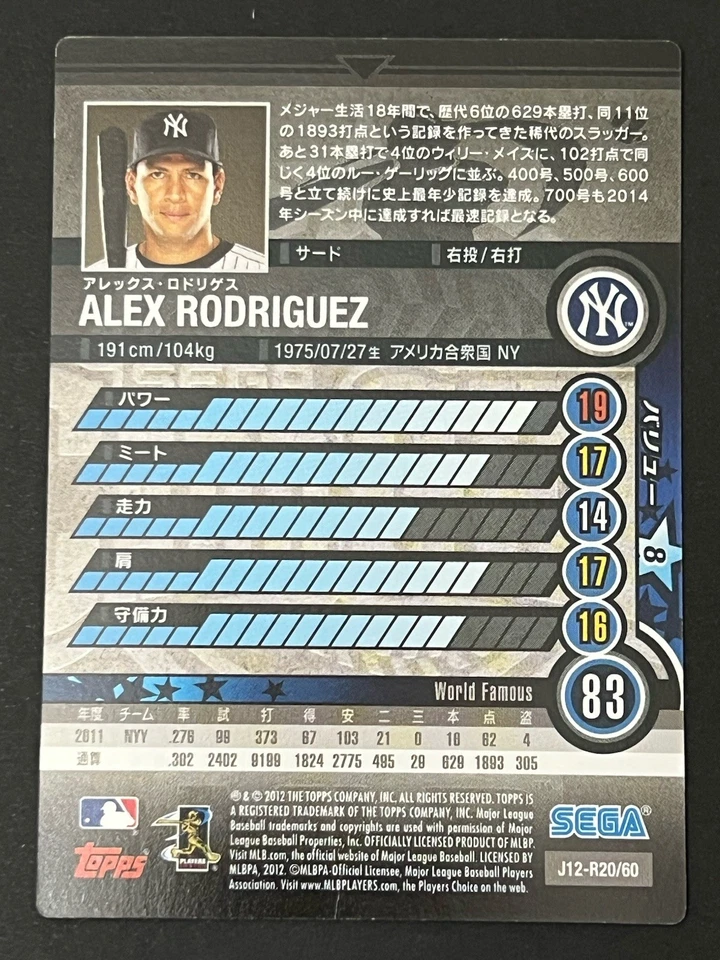 ALEX RODRIGUEZ - 2012 Topps Sega Card-Gen Japanese RARE FOIL Parallel #R20 - Image 2 of 2