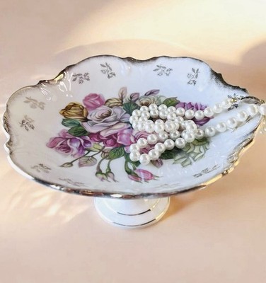 Vtg Arnart Creations Rose Pedestal Dish - Pink & Gold - 7.5  x 5  - Japan 1960s