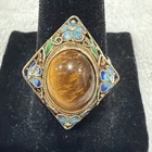 Antique Chinese Ornate Gold Over Sterling Enamel & Tiger’s Eye Ring 6.75 - 5.9g