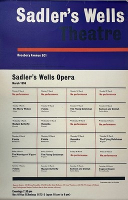 ORIGINAL ''SADLER S WELLS OPERA'' MARCH 1959 PERFORMANCE SCHEDULE THEATER POSTER
