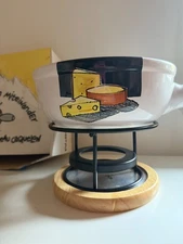 Vintage Landert Swiss Clay Fondue Pot Stand - Cheese Art Box included