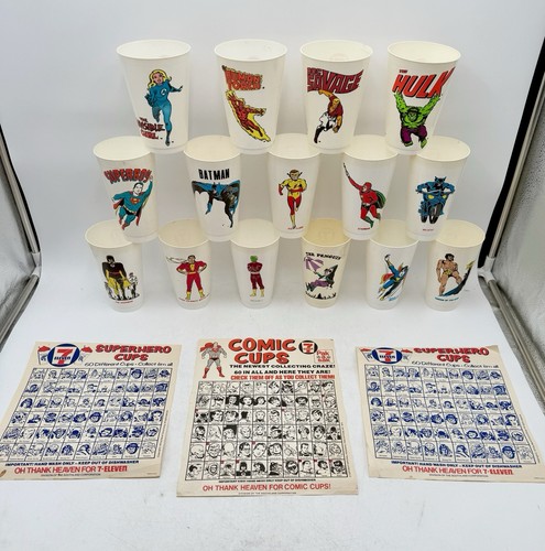 LOT OF 15 1970s Vintage 7-11 7 Eleven Super Hero Comics Slurpee Cups Checklists