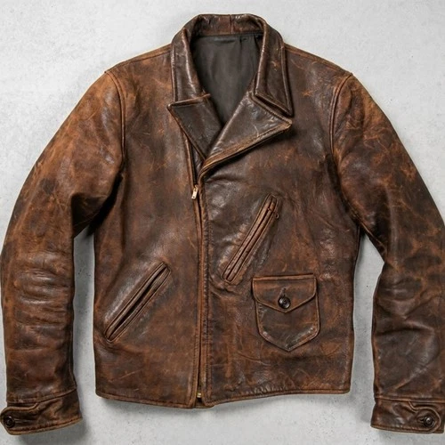 1930s Style Distressed Cowhide Leather Jacket Asymmetrical Vintage Rider Coat image 18