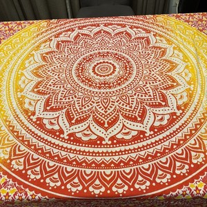 Cotton Mandela Tapestry Wall Hanging 54” Square White With Red, Yellow, Orange